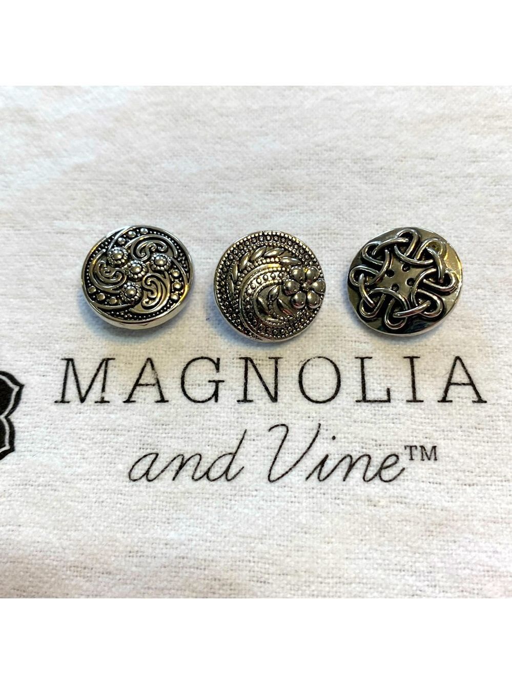 Magnolia and Vine, 3 silver tone original size snaps, new